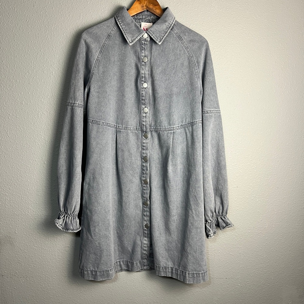 So Me Denim Mineral Washed Dress Button Front Pockets Long SL Ruffle Cuff Size M